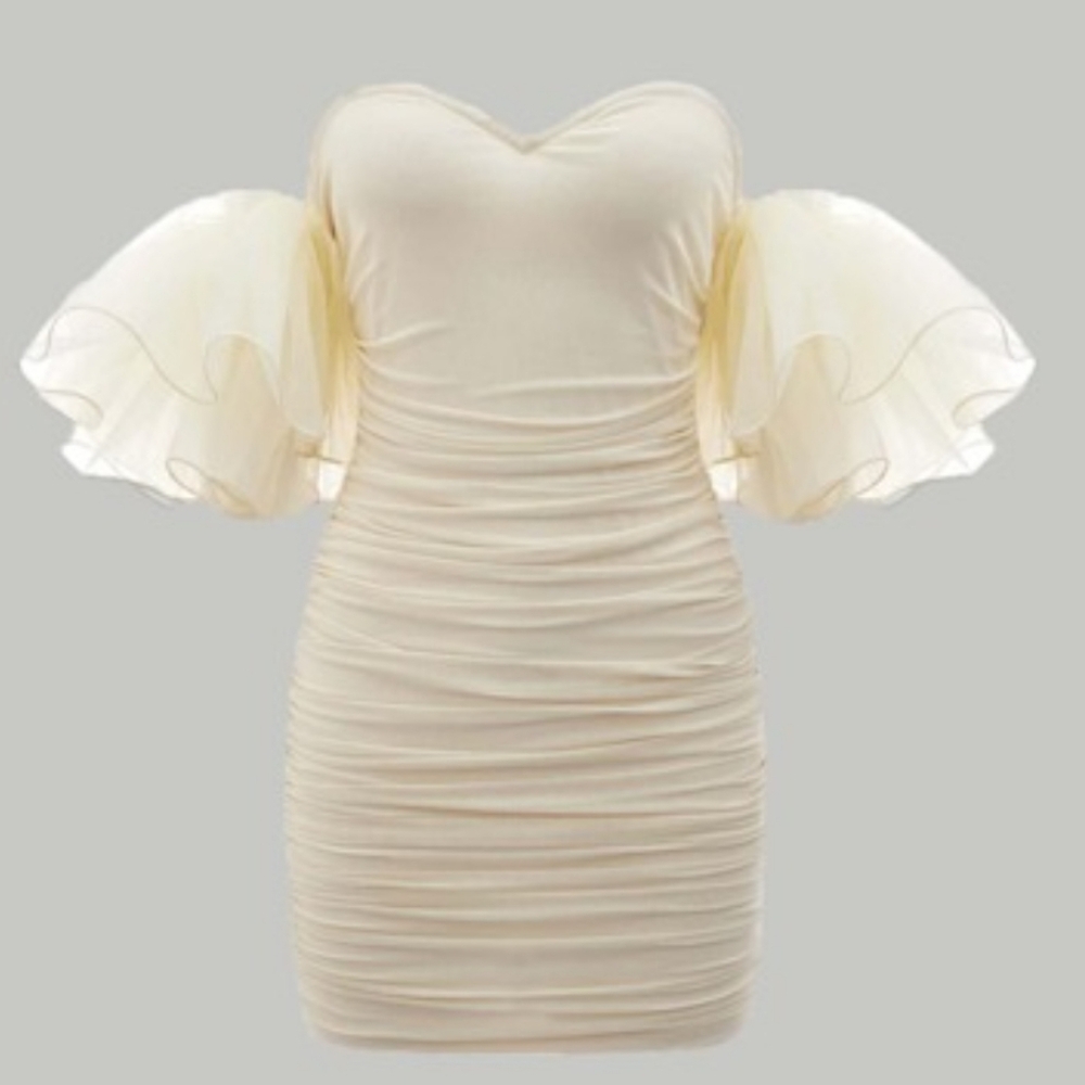 Shein off white/ cream ruching puff sleeved dress zipper in back size 4‎